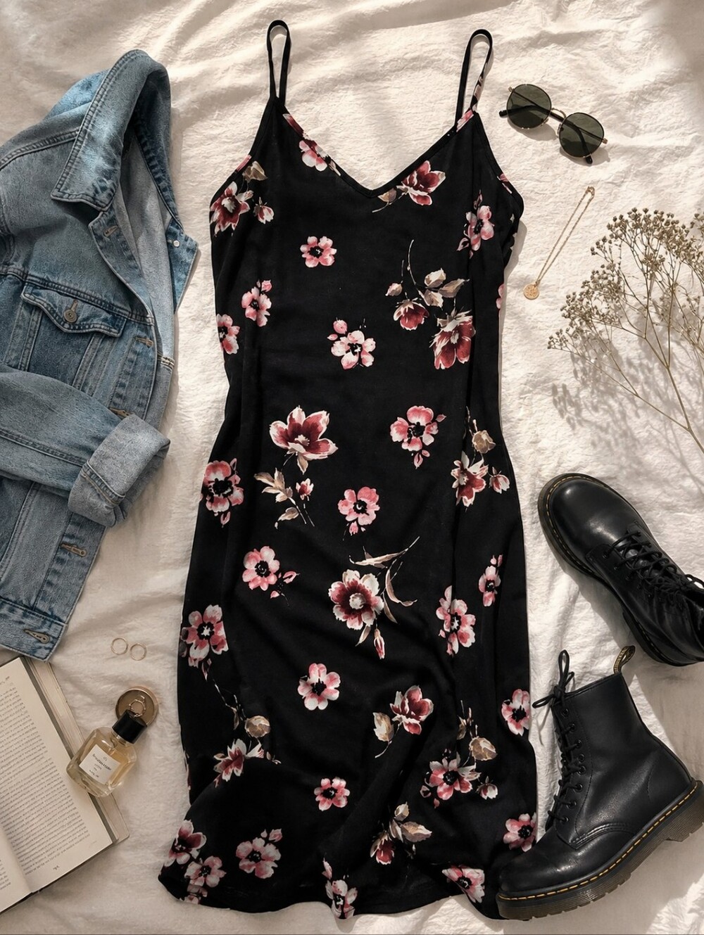 Vintage 90s Black Floral Slip Dress  Grunge Minimal Midi Spaghetti Strap